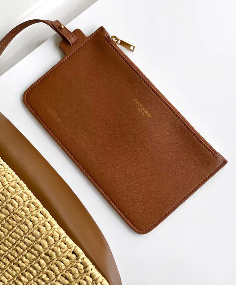 Saint Laurent Le 5 A 7 Supple Small In Raffia And Leather Coffee